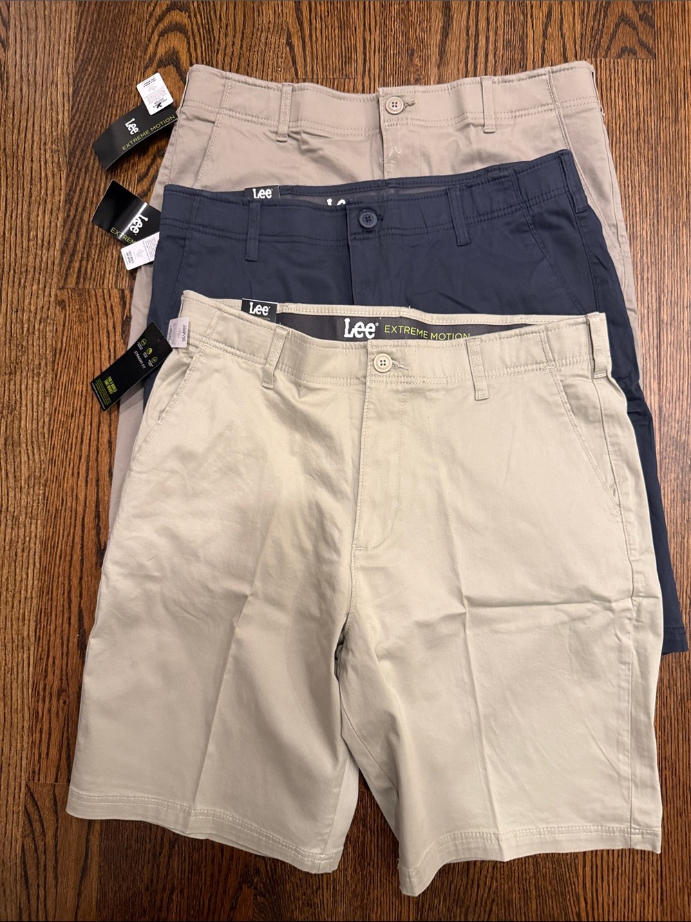 Lee extreme motion Men's Chino Shorts Trio - Tan, Navy, Light Beige